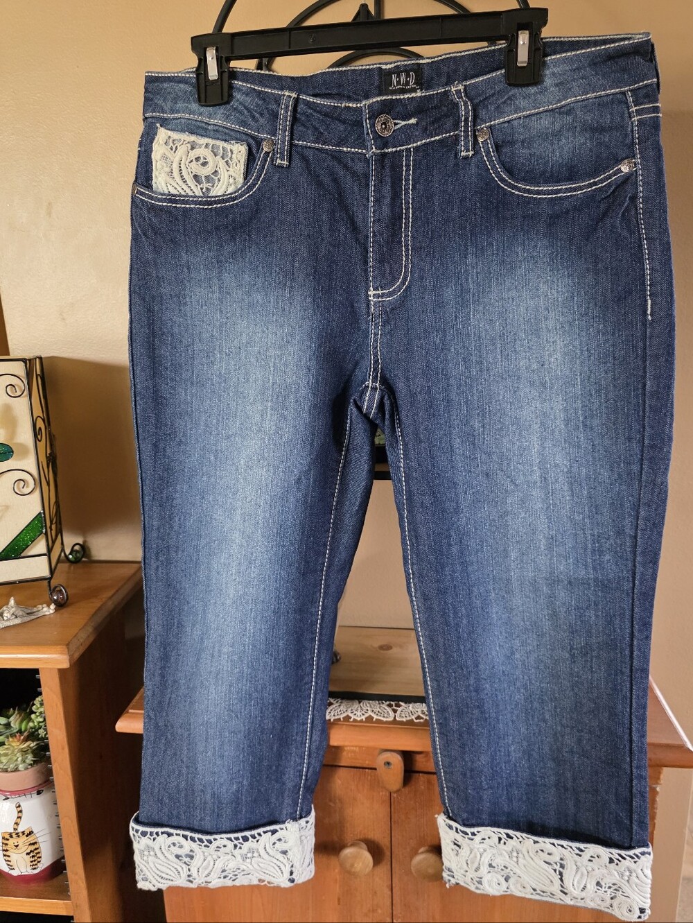 NWD Vtg Y2k Boho Dark Blue Mid Rise Lace Cuff Women's Oversized Capri Jeans